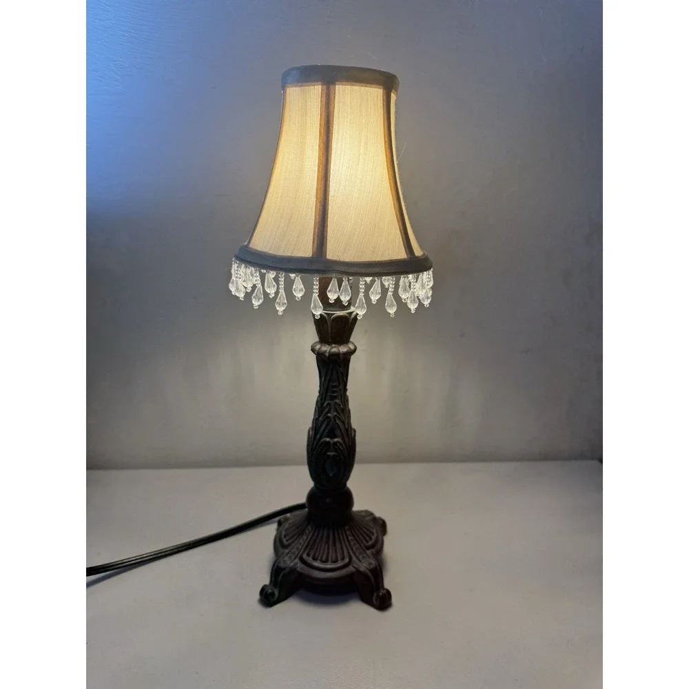 Vintage Accent Table Lamp With Beaded Fringe Bell Shade Resin Base Ornate